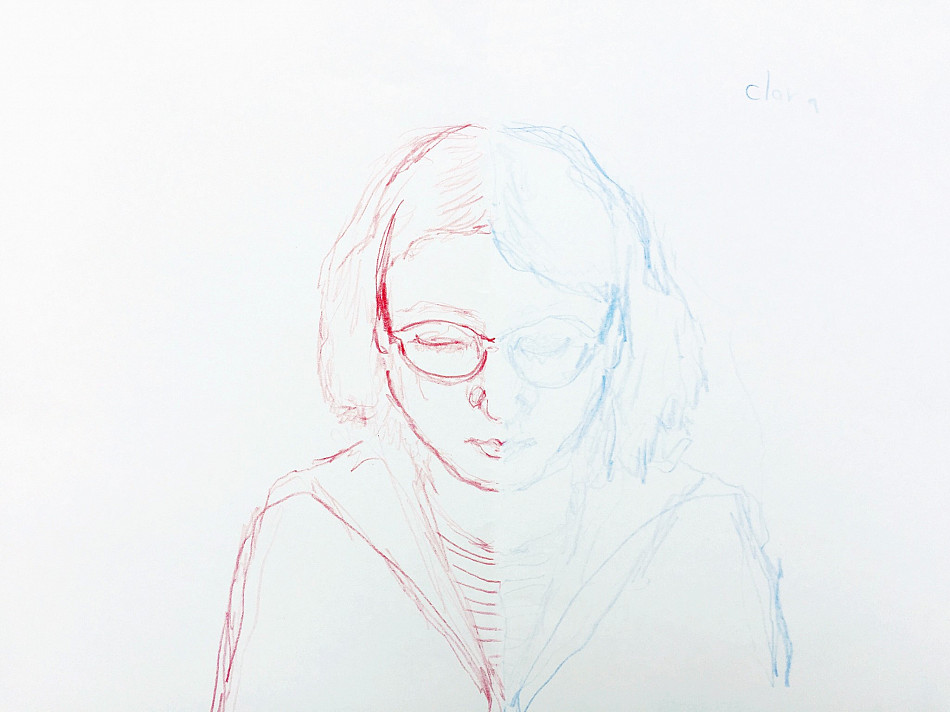 Portrait of a girl drawn with both hands in red and blue pencil, drawing by Roni Raviv
